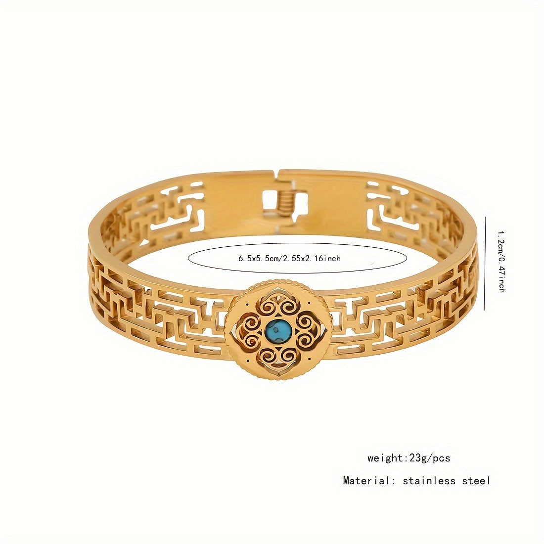 1pc of Vintage Style 18K Golden Plated Stainless Steel Bracelet featuring Turquoise Inlay and Hollow Pattern Design, specially designed for women as a Daily Wear Jewelry piece. This bracelet is the perfect Valentine's Day Gift.