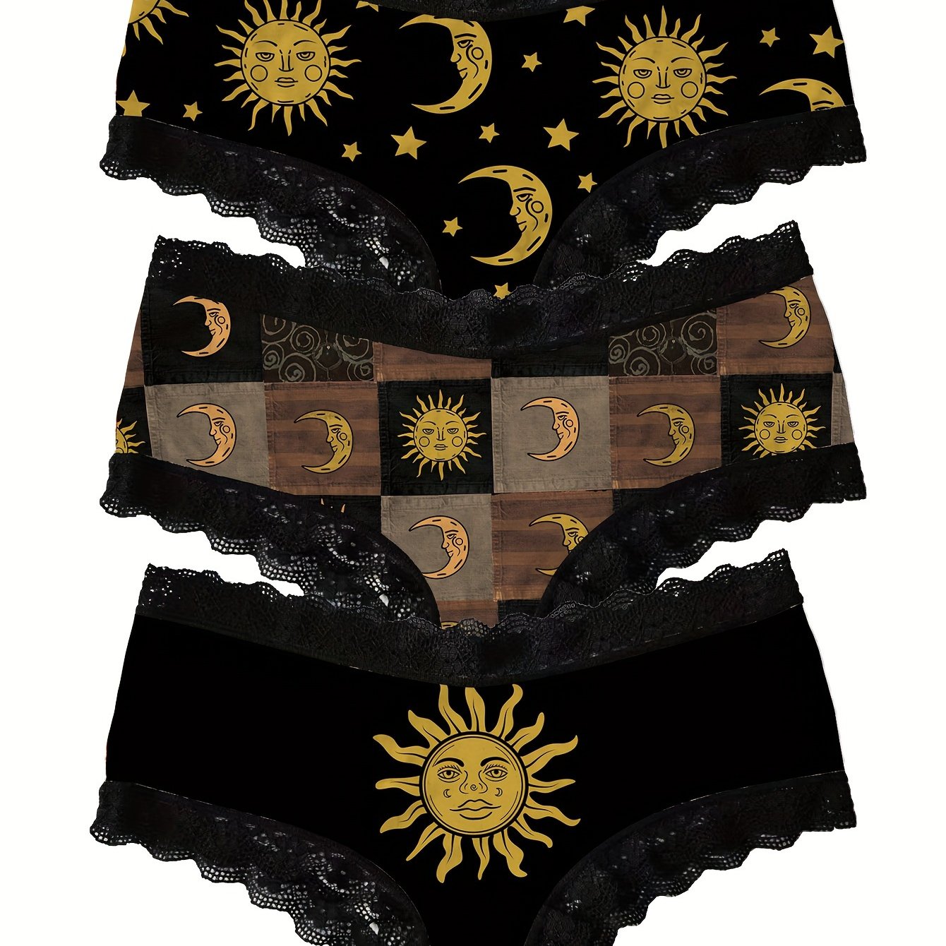 Moon & Sun Print Lace Trim Briefs - Comfy, Breathable, Stretchy Intimates for Women