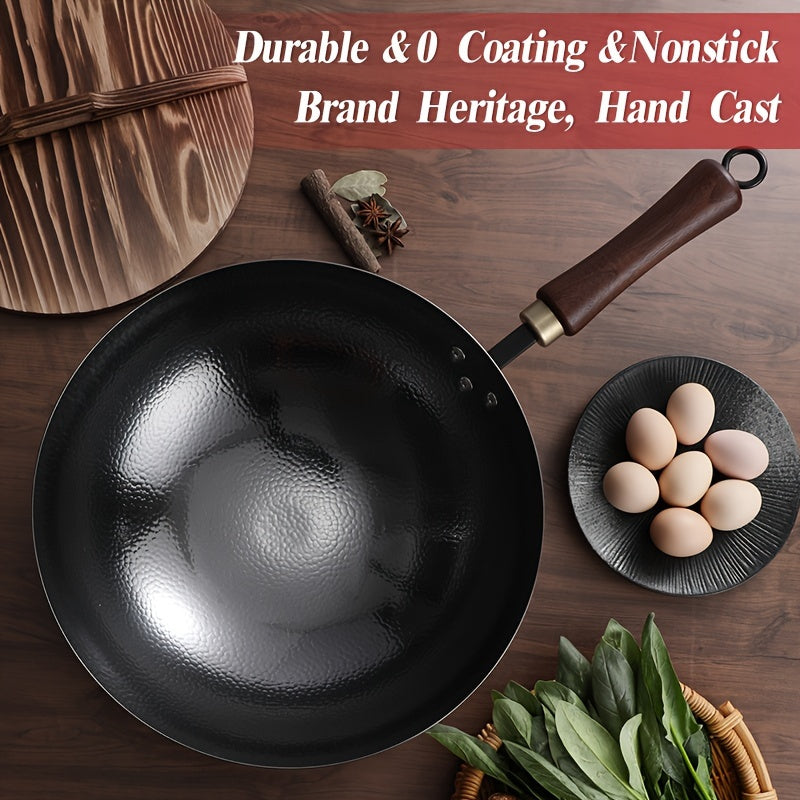 Hand-Forged Traditional Cast Iron Wok with Wooden Lid and Handle - Healthy Coating-Free Cooking - Rivet Reinforcement - 32cm Chef's Pan