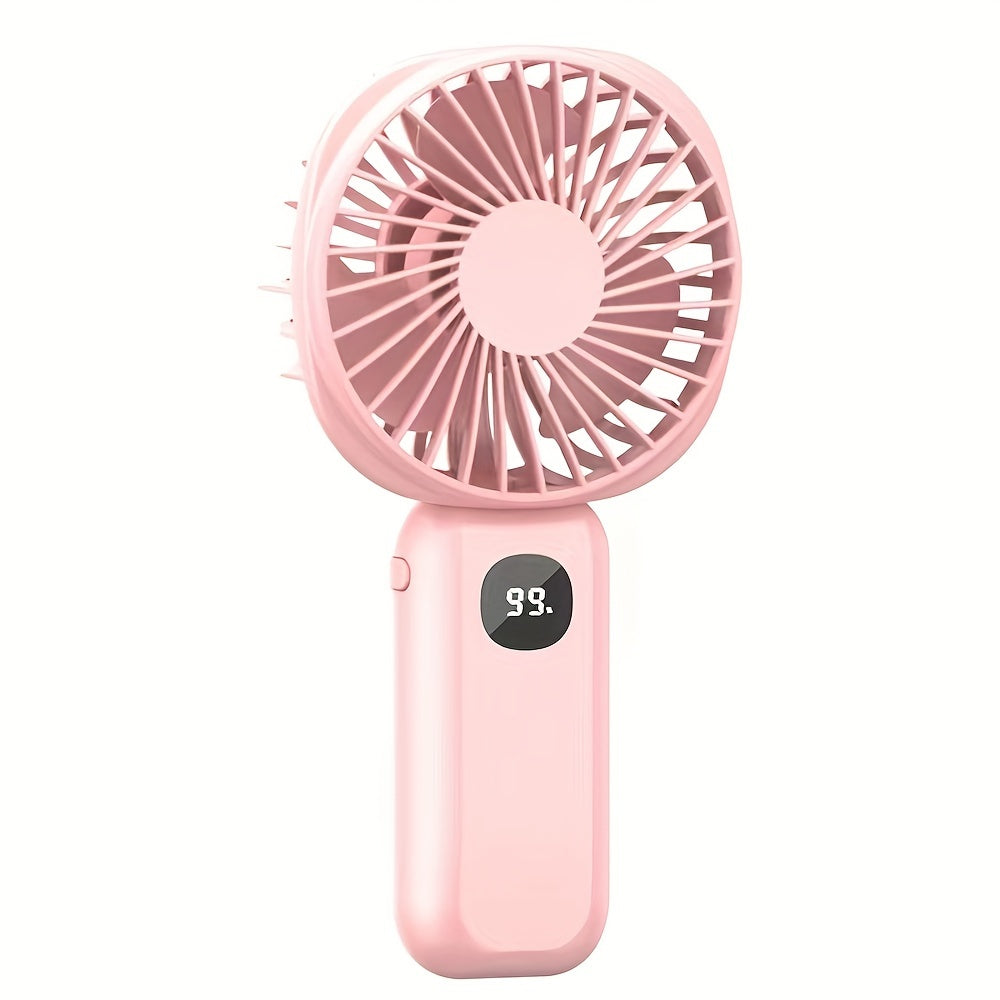 This portable handheld fan features a built-in battery capacity display and can be powered by USB or batteries. It also doubles as a convenient phone holder and is compact and easy to transport. Perfect for both handheld and desktop use, this fan is a