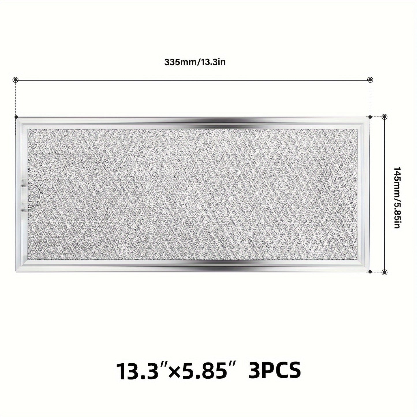 Hozirgi mikroto'lqinli pechka filtrini ushbu uchta GE WB06X10596 mikroto'lqinli pechka filtri to'plami bilan almashtiring. Har bir filtrning uzunligi 13.3 dyuym va kengligi 5.85 dyuym.