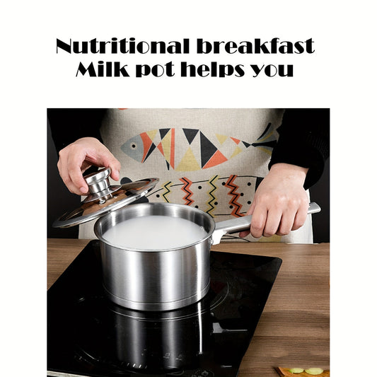 Three-piece set of stainless steel kitchen utensils including a pot with a bottom soup, a frying pan, and a single handle milk pot for household use.