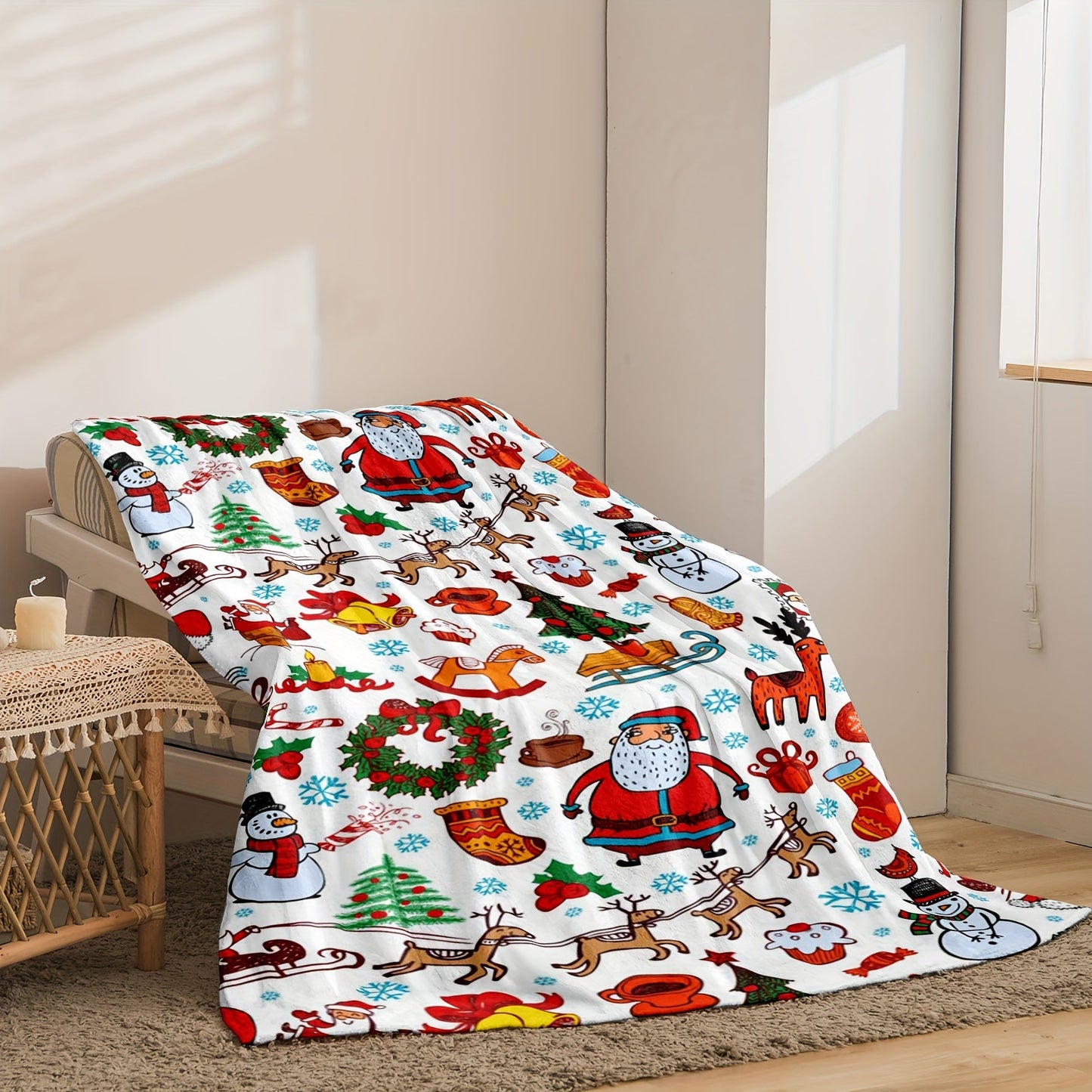 Get cozy with this flannel fleece blanket featuring a festive Christmas cartoon print. Made from soft and comfortable material, this reversible blanket is machine washable and can be used for multiple purposes such as on the sofa, in the office, while