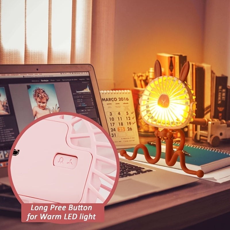 The Rabbit Octopus USB Fan is a cute and convenient portable fan that comes with a flexible stand and a mini clip-on design. Perfect for use in strollers, beds, dorms, desks, and more, this quiet and rechargeable fan is ideal for use at home or while