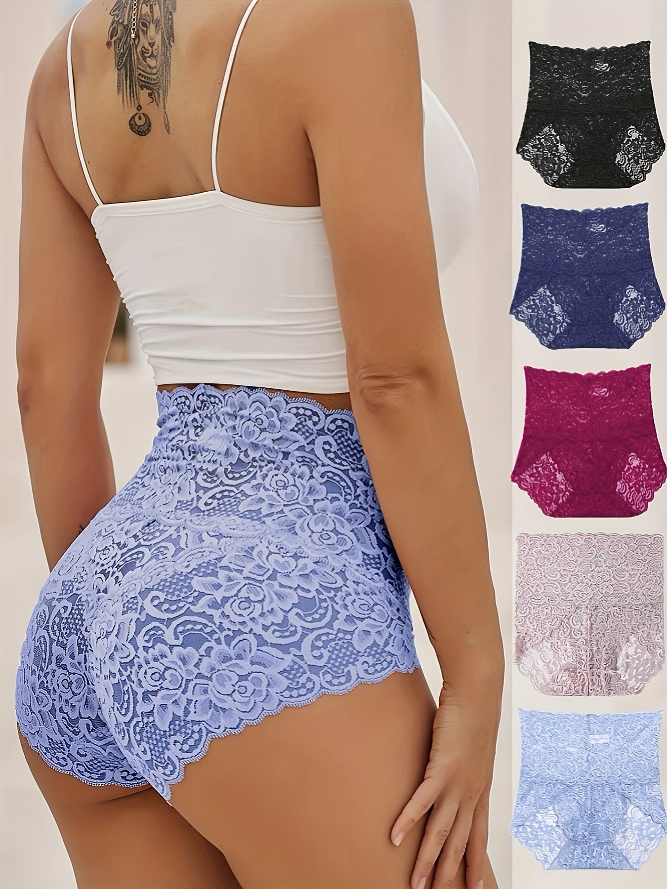 5 Floral Lace High Waist Briefs - Comfortable and Breathable Intimates for Women