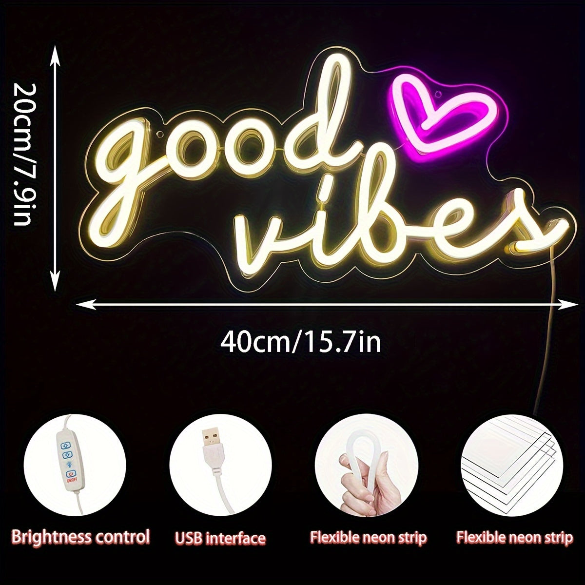 Neon sign with warm yellow & pink LED lights, 39.88cm x 20.07cm, USB powered, adjustable brightness, ideal for parties, weddings, clubs, bars, game rooms, and cafes.