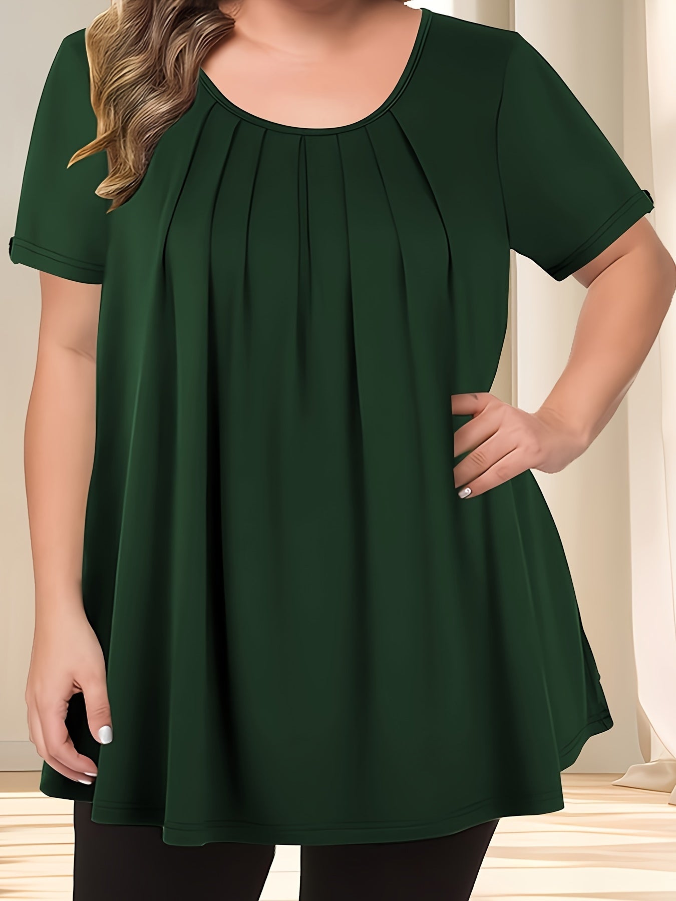 Pleated button detail T-shirt for plus size women, perfect for spring & summer.