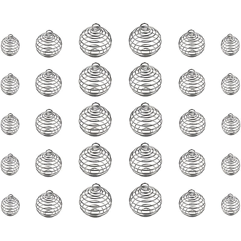 Set of 30 Spiral Bead Cage Pendants in 3 Different Sizes, Silver Finish, Perfect for Necklaces and Jewelry Making Projects