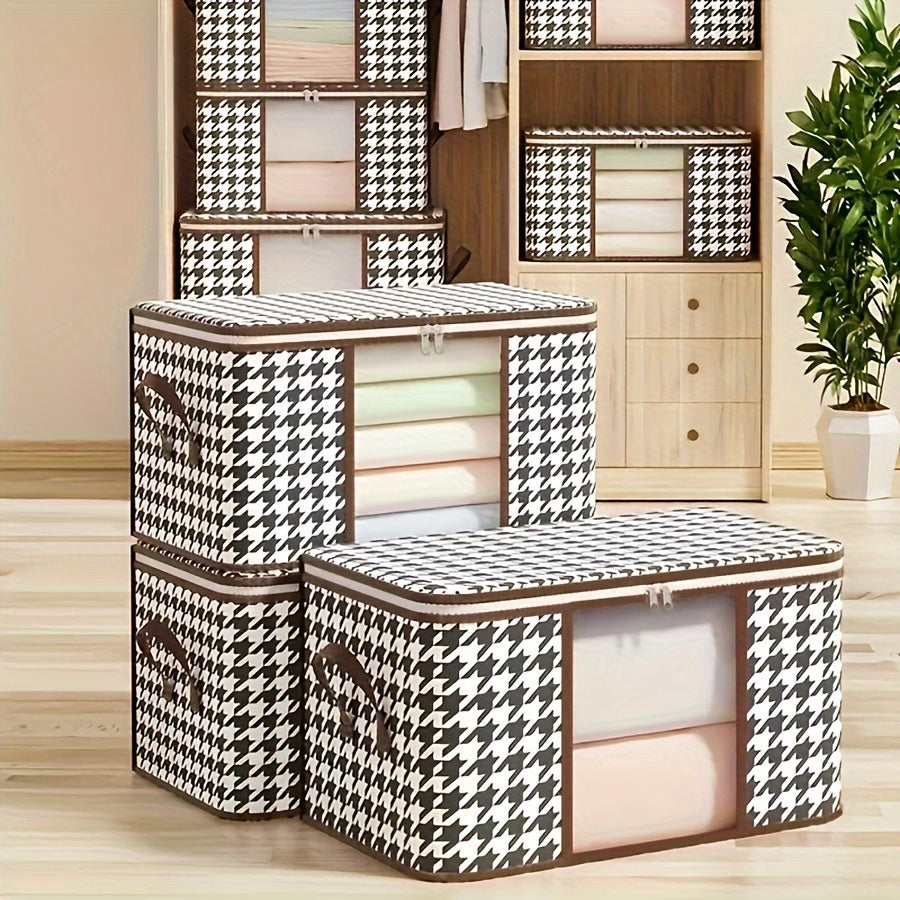 Lightweight portable storage bag with houndstooth window design, large-capacity wardrobe organizer for travel and clothing essentials.