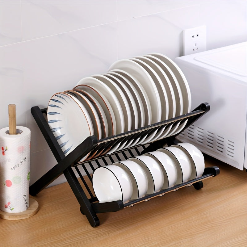 Elegant Black and White Multi-Layer Dish Rack: A Stylish Space-Saving Solution for Your Kitchen Storage Needs. Constructed with Durable Plastic and Metal, Featuring an Open Shelving Design. No Assembly Required for this Classic Dish Rack that Doubles as