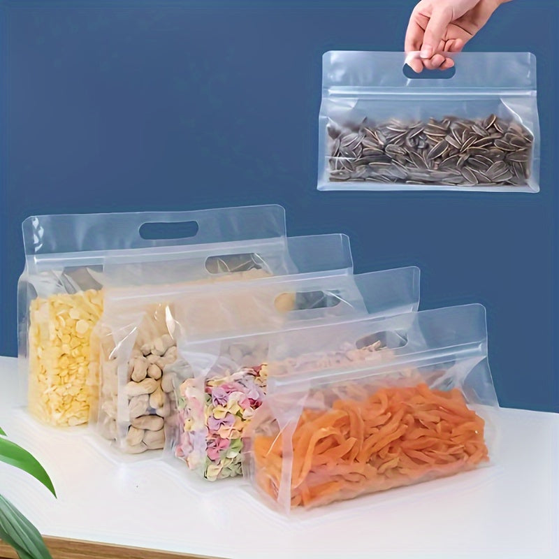 Premium Food Storage Bags in packs of 10, 20, or 30 - Horizontal, Portable, Eight-sided Zipper Bags with Self-Standing Packaging. Transparent, Bright, and Leak-proof reusable bags perfect for storing fruits and vegetables to maintain freshness.