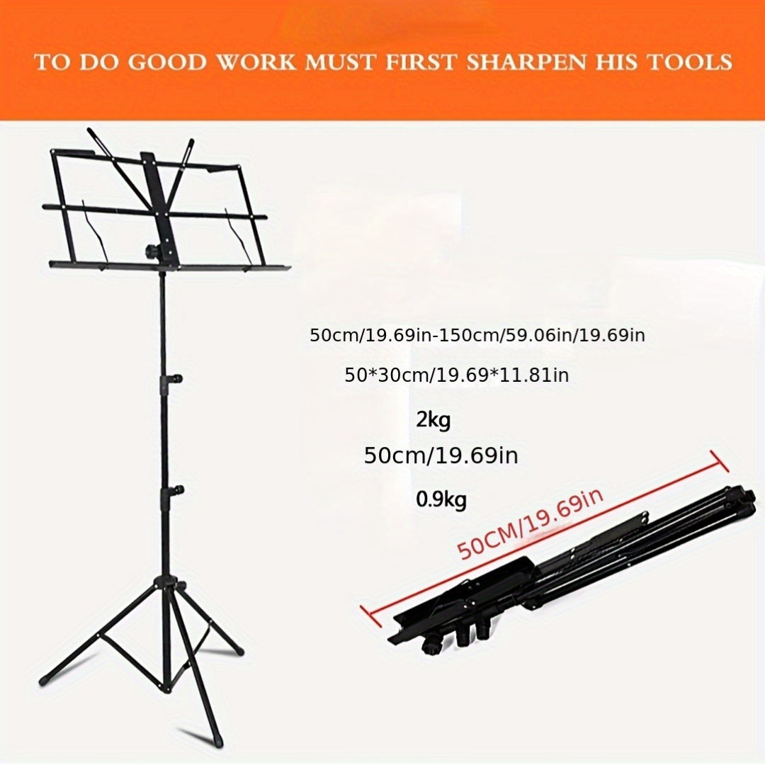 Adjustable height folding music stand made of alloy material, suitable for various instruments.