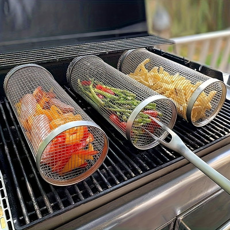 1pc BBQ net tube grill basket for grilling fish, vegetables, and more. Kitchen gadget for home and outdoor use. Some parts may vary.