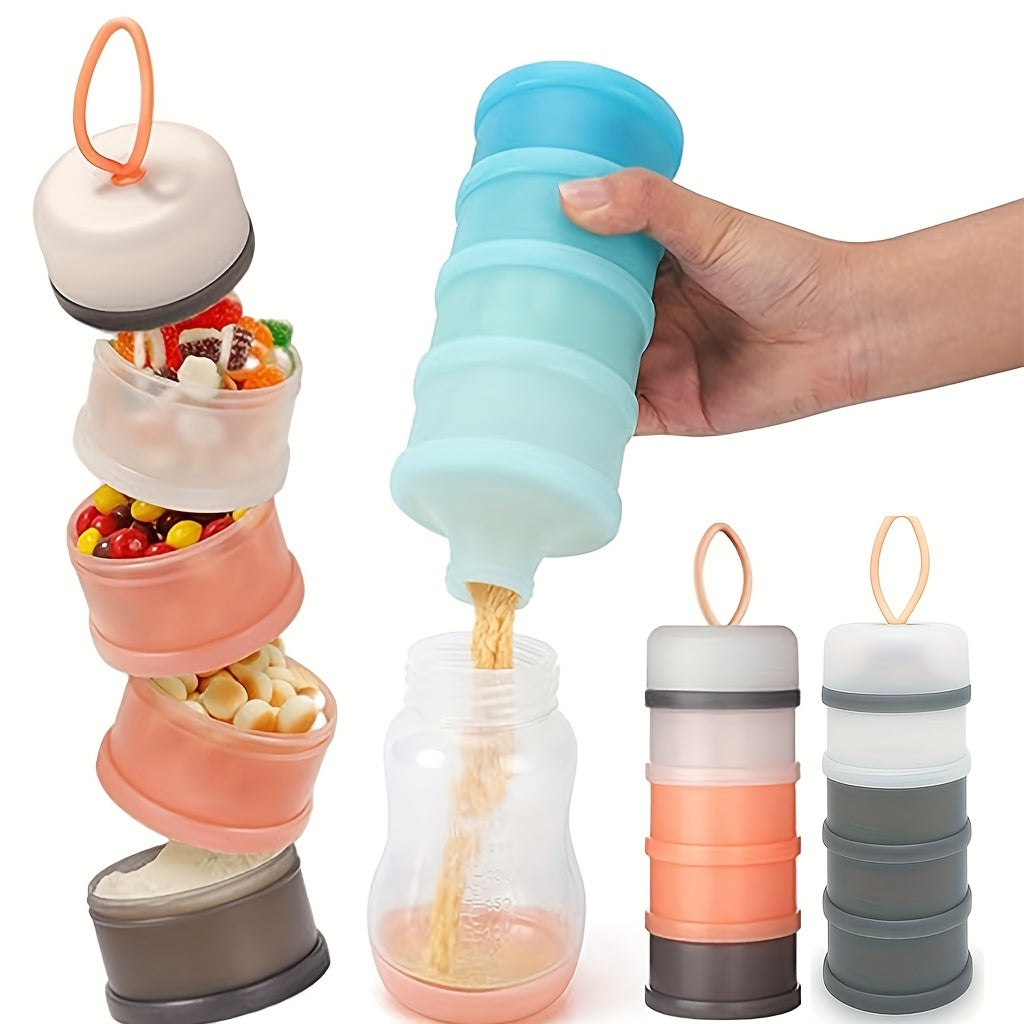 Portable formula dispenser for baby milk powder, convenient for on-the-go use. This stackable container is perfect for travel and is designed to prevent spills. It is also BPA free, ensuring safe storage for your baby's snacks.