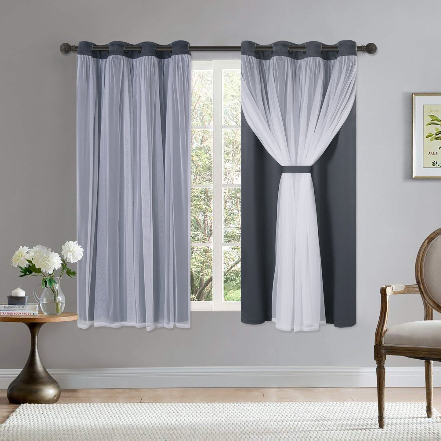 Grey bedroom blackout curtains with white sheer voile double-layered combination, featuring grommet design for easy hanging.