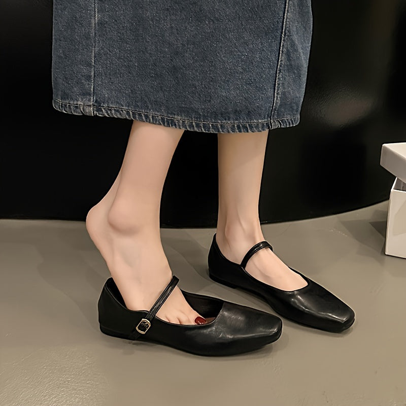 Elegant square toe buckle strap flat shoes in solid colors are lightweight and comfortable for women.