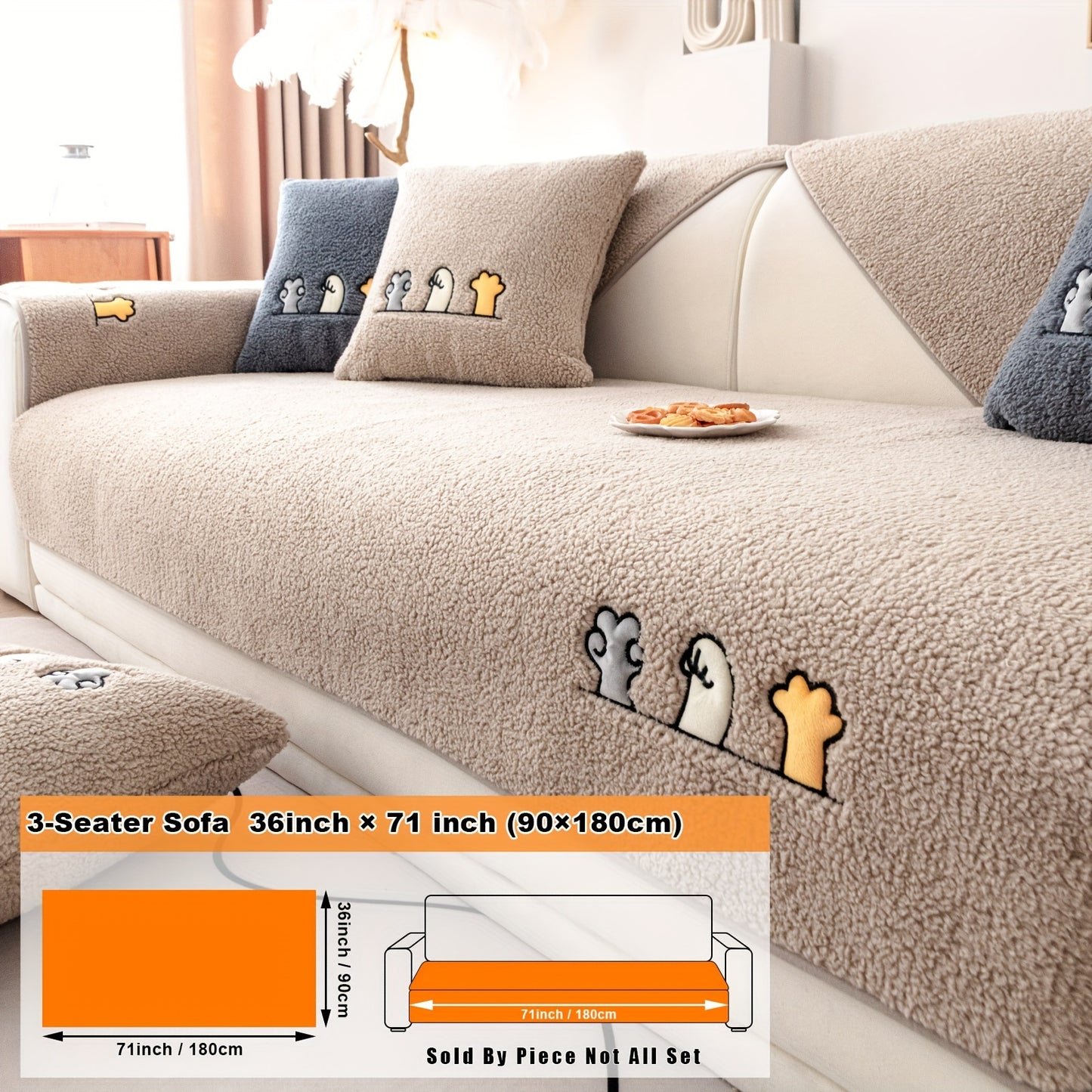 Modern plush sofa cover with paw pattern embroidery, non-slip protection for sofas, machine washable and suitable for various types of furniture.