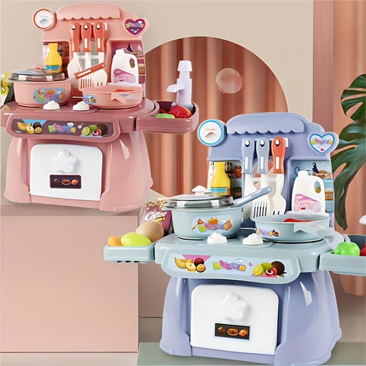 Gzsbaby play kitchen set features lights, sounds, stove, sink, and faux food in pink/blue colors, perfect for winter and New Year.