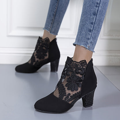 Women's Floral Lace Pattern Boots with Back Zipper, Chunky Heel, and Round Toe