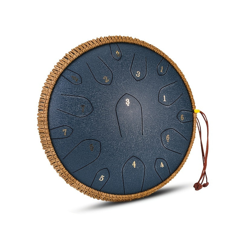 35.56 cm steel tongue drum in D key with mallets, bag, and book for music education and entertainment.