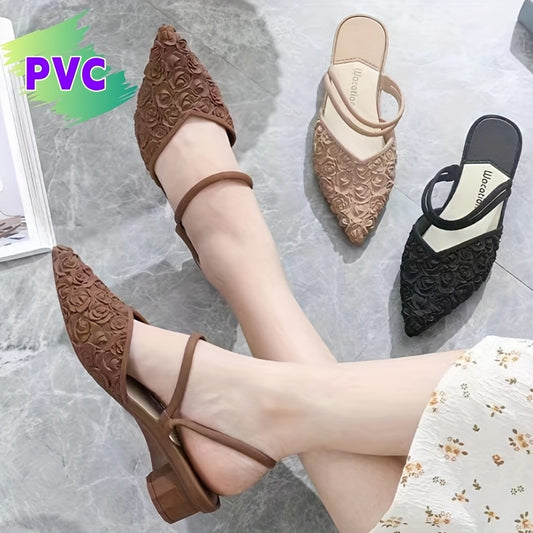 PVC slide sandals with floral print, pointed toe, and mid-heel for outdoor fashion.