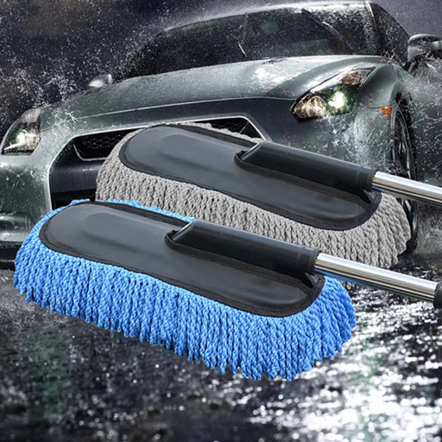 Extendable car wash mop with detachable microfiber pads for dusting and waxing, with stainless steel handle, ideal for reaching tight spaces.