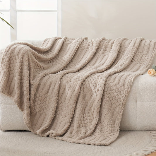 Cozy up with our luxurious Soft Apricot Taffeta Throw Blanket, perfect for the colder seasons. This blanket features a stylish Jacquard Dot Stripe design that will add a touch of elegance to your space. Made from skin-friendly plush material, this