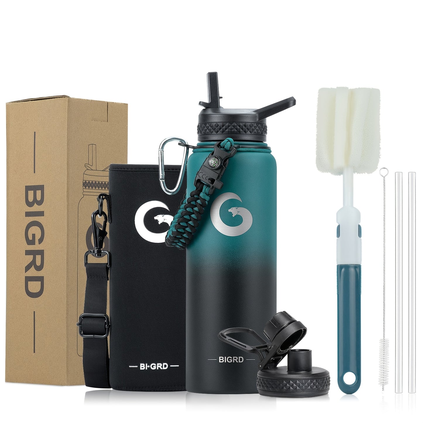 1pc BIGRD insulated water bottle with paracord handle and straw spout lid, available in 40oz/1183ml and 64oz/1893ml sizes, triple vacuum stainless steel keeps drinks cold for 48 hours.