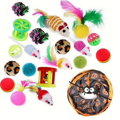 22-piece cat toy set with tunnel, crinkle balls, feathers, and playballs for interactive play, perfect for indoor cats.