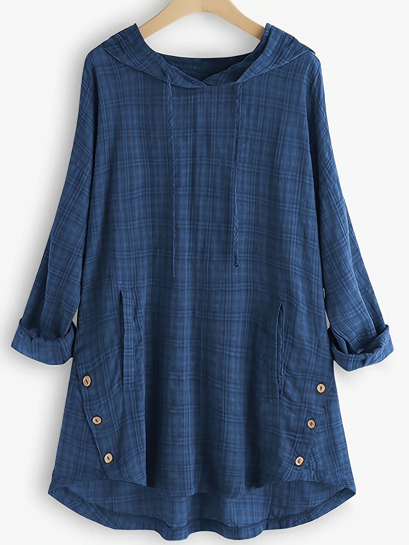 Casual hooded shirt, asymmetrical top, plaid blouse, waist-tied outerwear, drawstring shirt, Nian Nian Directional.