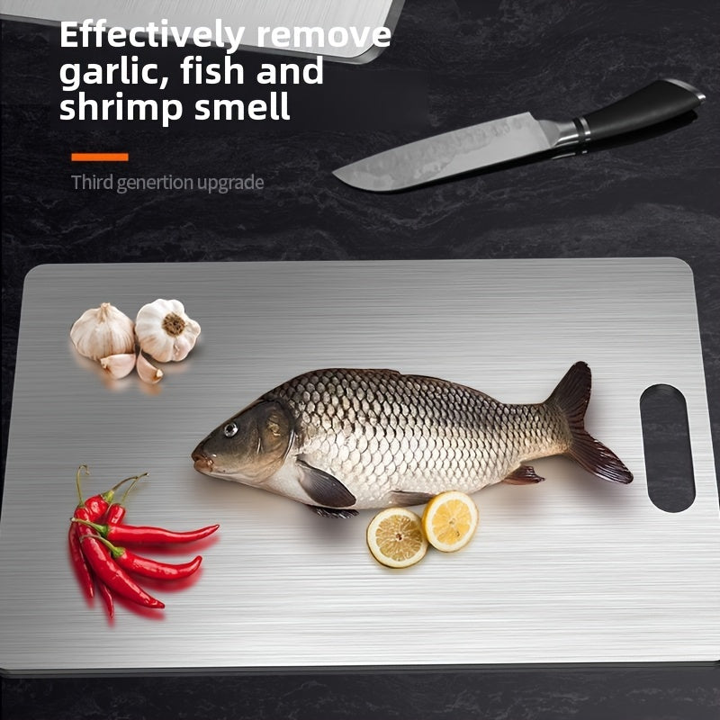 High-quality titanium steel cutting board preserves flavor and is ideal for kitchen and dining.