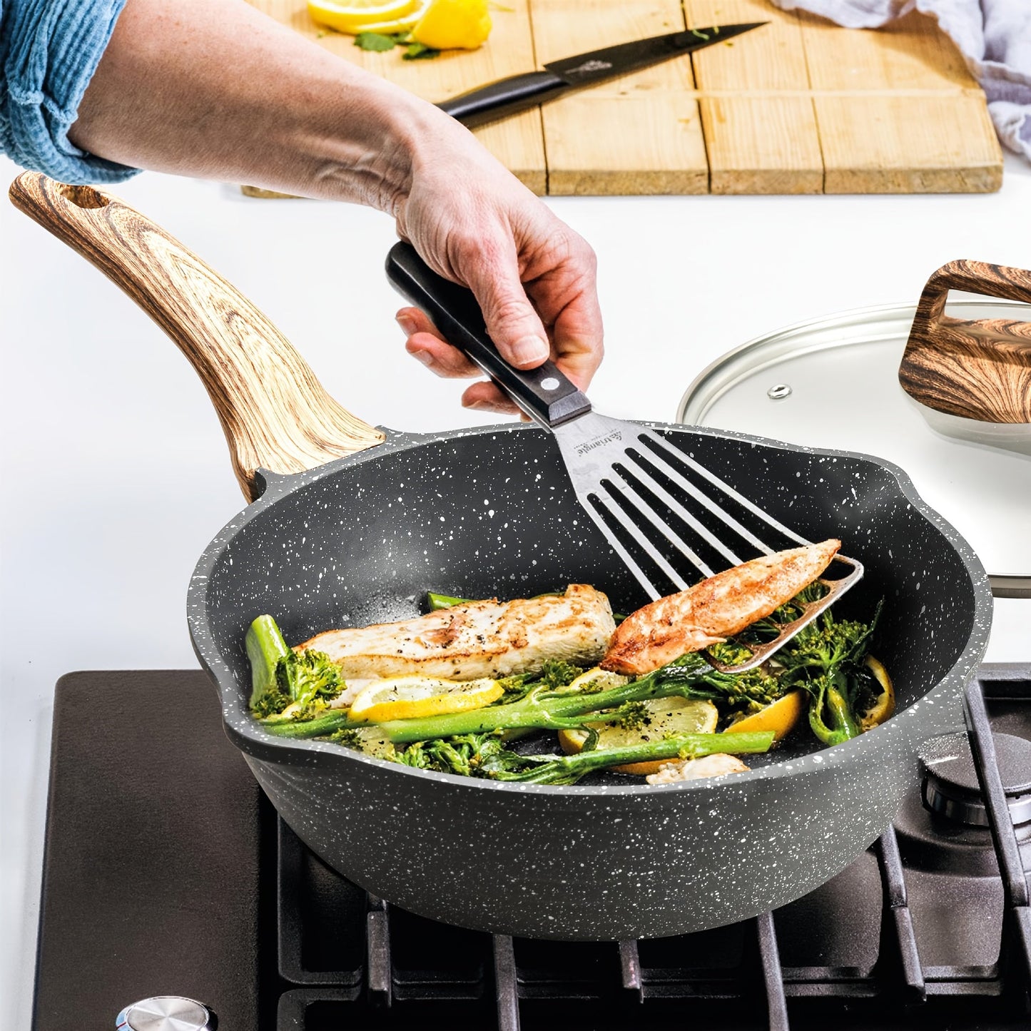 Nova Home Nonstick Frying Pan Set - Includes 19.81cm, 24.13cm, and 27.94cm Skillets with Stay-Cool Handle, Made with Healthy Stone Cookware, Suitable for Induction Cooking, PFOA Free, Features Wooden Handle