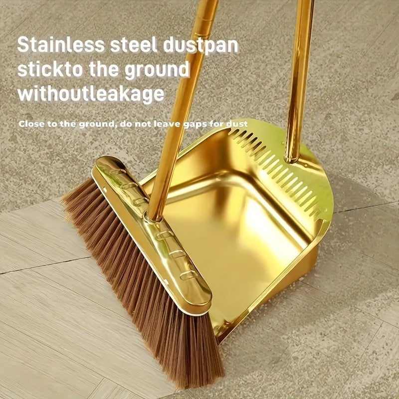 Elegant Gold Stainless Steel Broom and Dustpan Set - High Quality 2 Piece Set, Sturdy & Reinforced for Effective Home Cleaning - Ideal for Any Room in the House, Including Living Room, Bedroom, Bathroom, Kitchen, and Hardwood Floors.