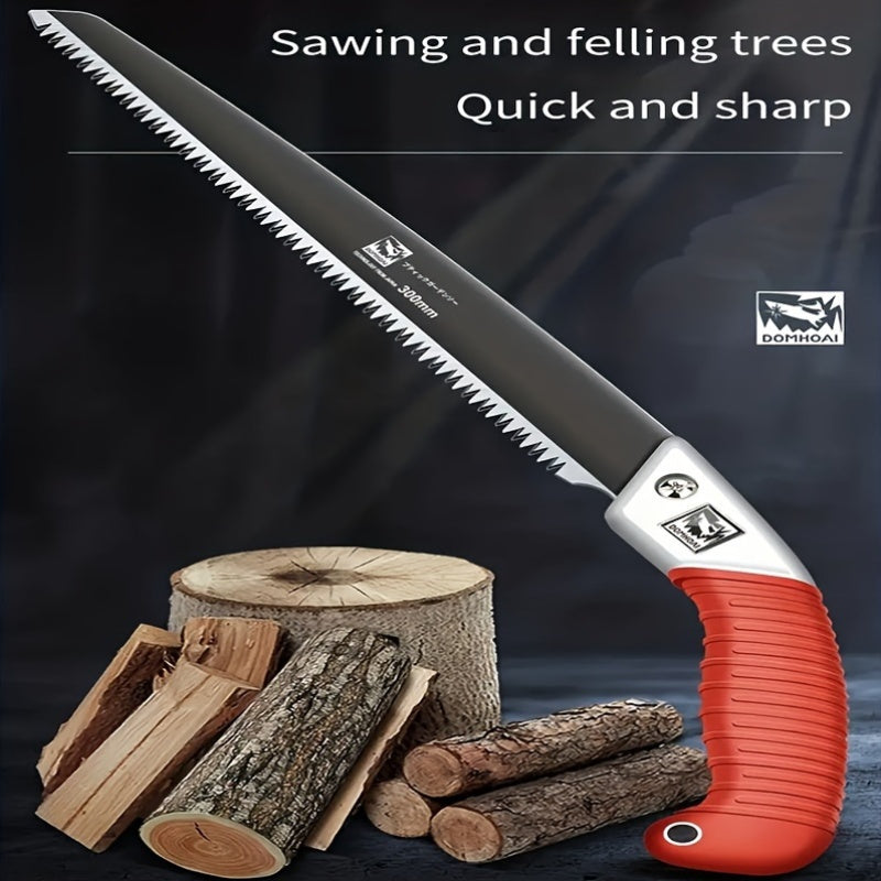 Compact manual hand saw for trees and garden, made of carbon steel for outdoor woodworking and pruning. Includes protective case, suitable for home and outdoor use. Ideal for garden tools