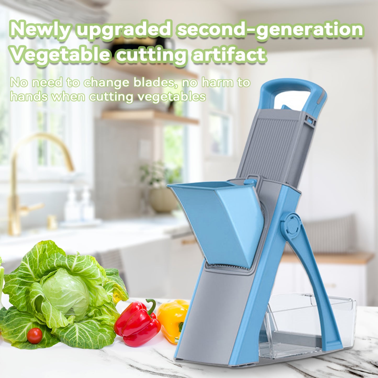 Stainless steel manual mandoline slicer for chopping vegetables and fruits, no power needed, easy to clean.