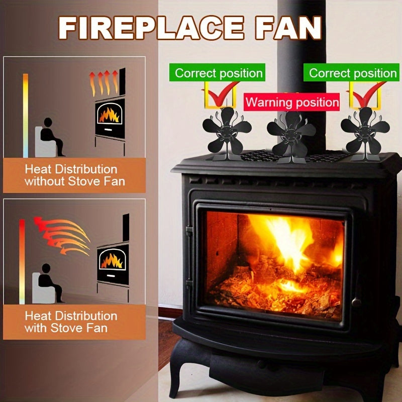 Efficient Heating with the 5-Blade Heat Powered Stove Fan - Non-Electric Aluminum Exhaust Fan for Wood & Fireplace, High-Speed Performance