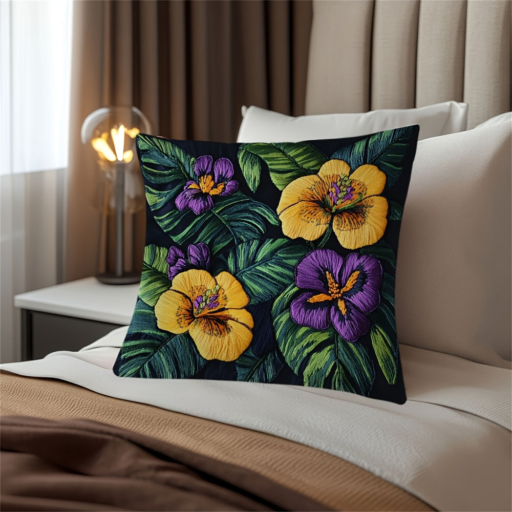 Square Pillow Cover with Tropical Floral Embroidery, Made of 100% Polyester, Double-Sided Design with Zipper Closure, Easy to Clean in Washing Machine, Ideal for Home or Office Farmhouse Style Decoration