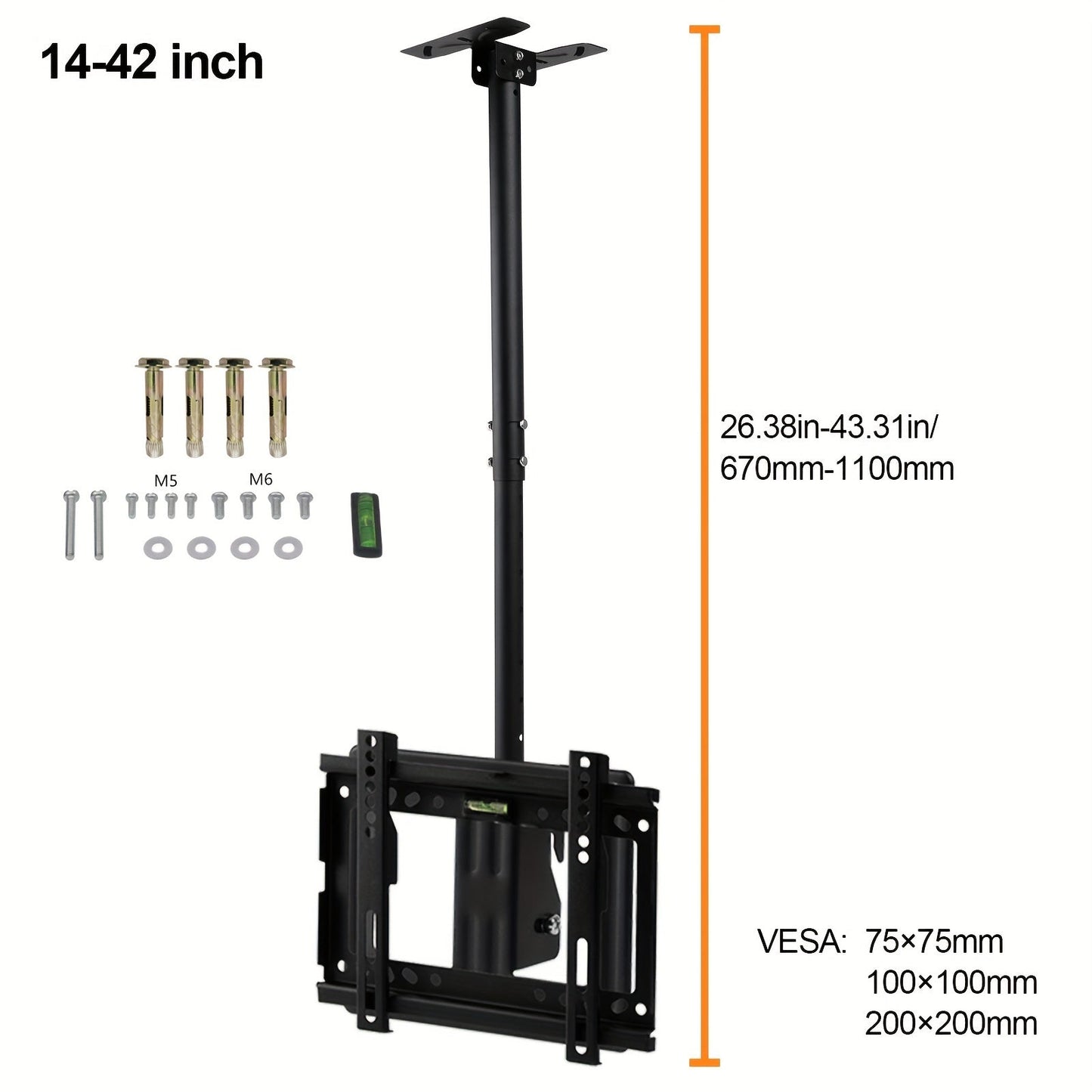 This adjustable TV ceiling mount bracket is designed to fit most LED, LCD, OLED, and plasma flat screen displays ranging from 26 to 65 inches. It has a maximum VESA pattern of 600x400mm and can hold up to 31.75kg.