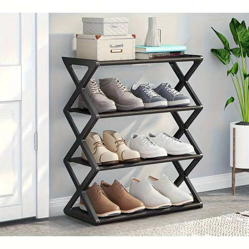 Black Metal Shoe Rack with X-Shaped Design - 4-Tier Shoe Organizer for Entryway and Living Room, Space-Saving and Dust-Proof, Ideal for Sneakers, Boots, and Other Footwear.