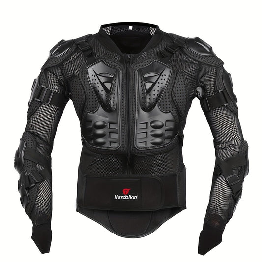 Black motorcycle armor jacket with breathable fabric for riding.