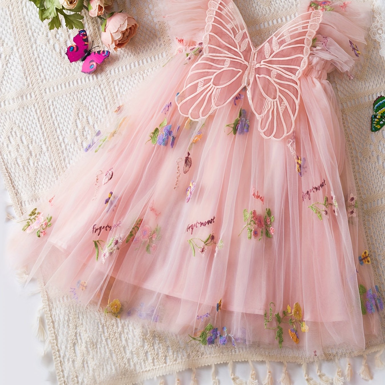 Girls Butterfly Princess Dress with Wings and Floral Mesh - Perfect Holiday Party Gift