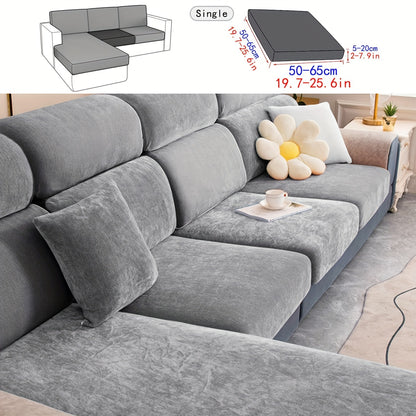 Stretchable plush velvet sofa cushion cover in contemporary gray with white accents; fits 1 to 4-seater sofas, machine washable, perfect for home decor.