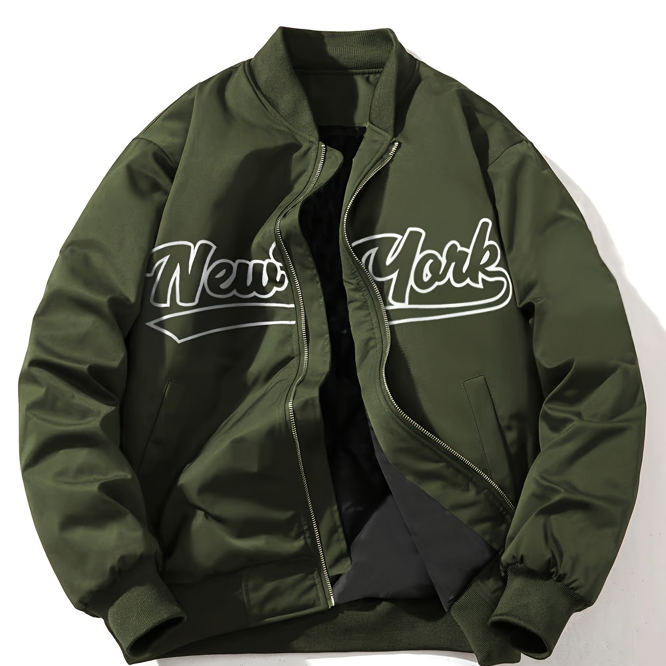 One Men's Casual Bomber Jacket made of 100% lightweight polyester with letter print, baseball collar, long sleeves, regular fit, pockets, and zippered front - suitable for daily and leisure