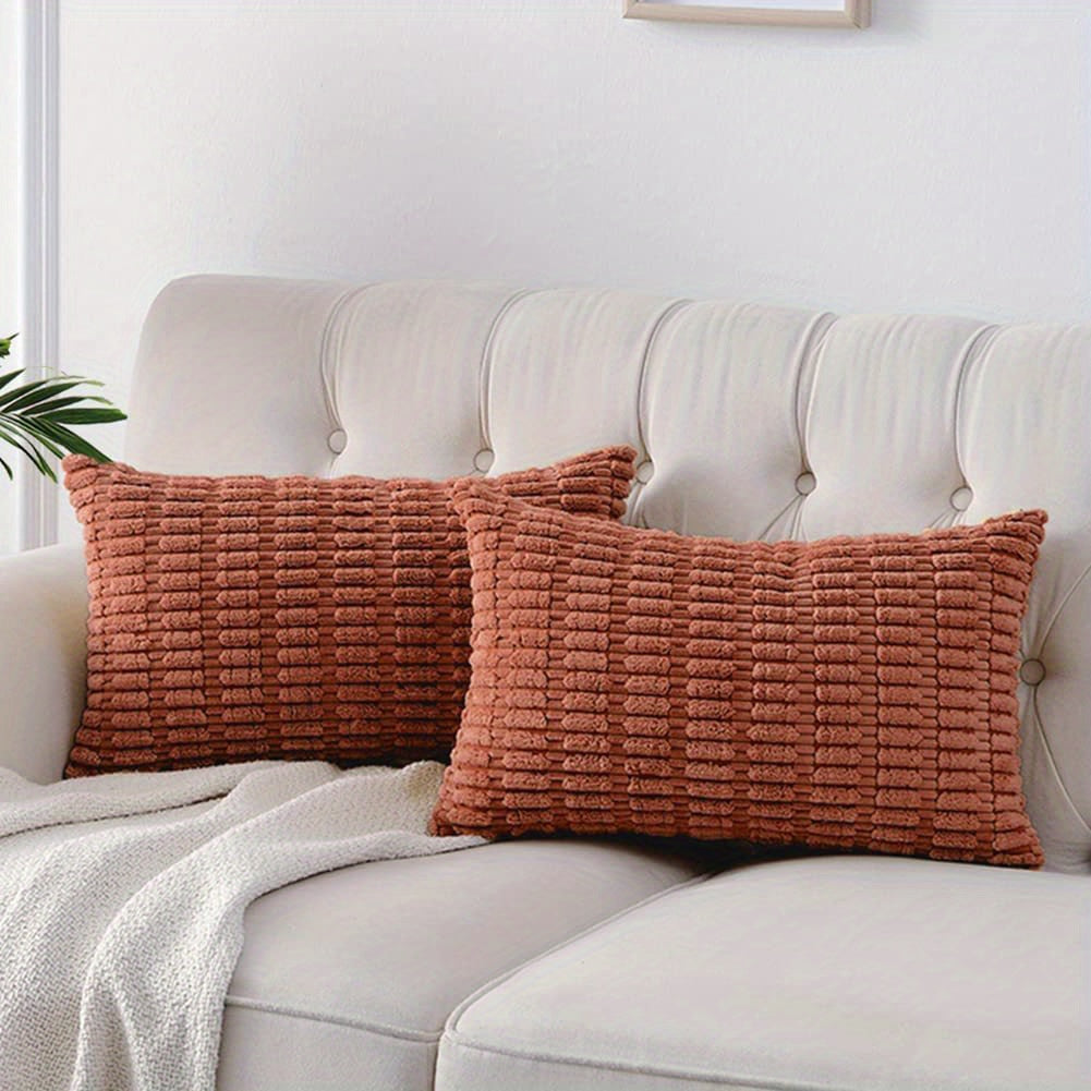 2 Corduroy Decorative Throw Pillow Covers, Soft Boho Striped design for modern farmhouse home decor, suitable for sofa, living room, couch, and bed. Pillow cores not included.