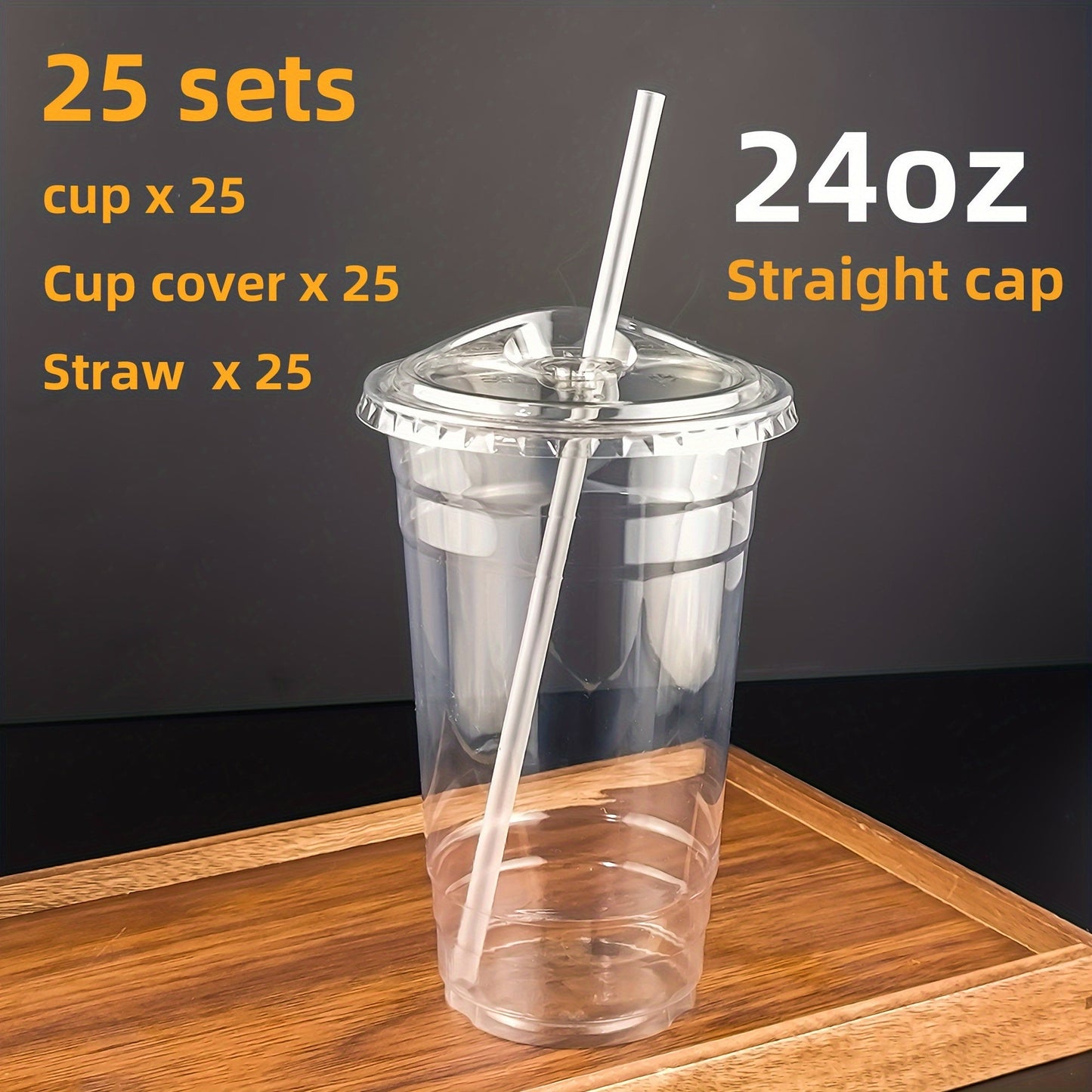 Get 25 sets of 24oz clear plastic cups with lids and straws, made from PET material. These cups are perfect for iced coffee and cold drinks, great for summer, outdoor events, and on-the-go drinkware.