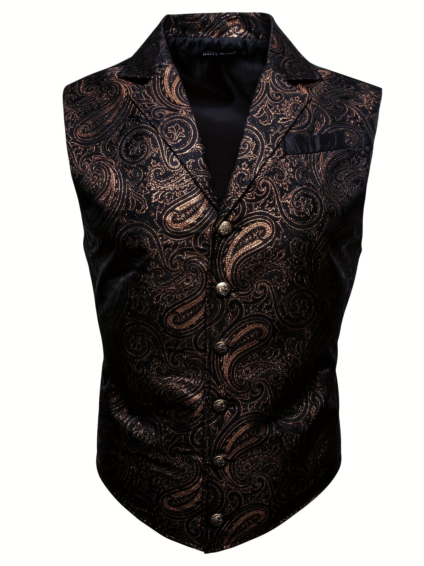 Large green satin jacaquard floral suit vest with tailored collar and copper buttons, suitable for Victorian steampunk and gothic themed events.