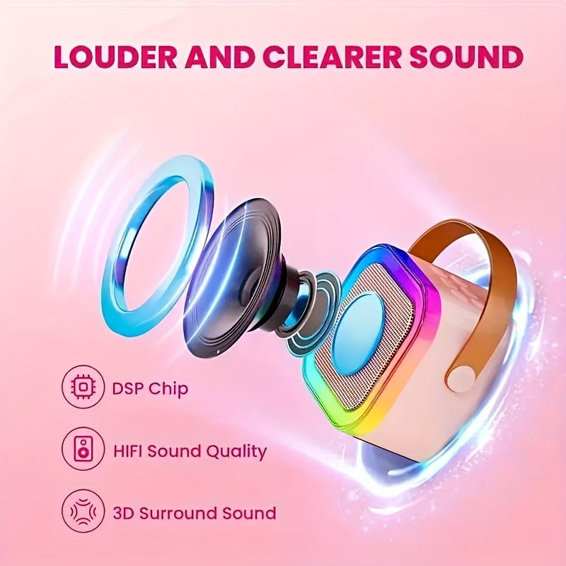 Portable wireless karaoke speaker and microphone set, rechargeable and colorful for adult birthday parties. Ideal for home karaoke systems, featuring modern microphone style and Type-C