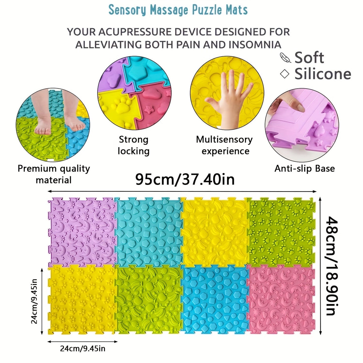 Sensory Tiles Puzzle Floor Mat - Set of 8 Pieces for Children's Sensory Room, Textured Rug Carpet, Orthopedic Massage Mat for Autism - Silicone Massage Mat for Kids with Sensory Needs