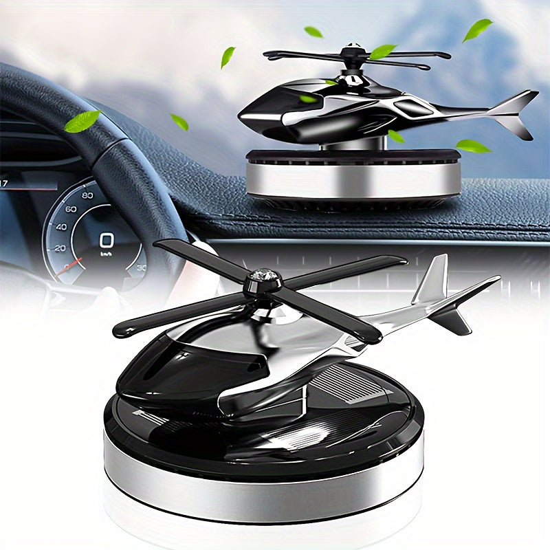 Solar-powered helicopter air freshener with rotating aluminum alloy aromatherapy diffuser in red/golden/silvery/blue, includes paper fragrance sheets for long-lasting delicate scent and car