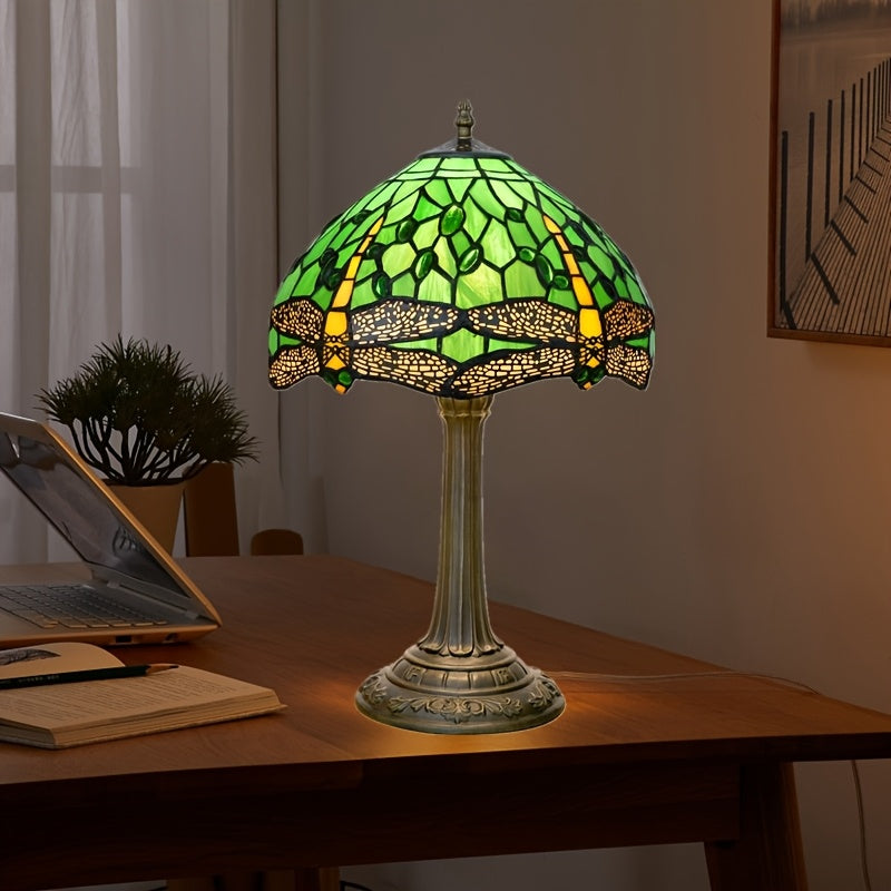 Handmade 12-inch glass desk lamp with green dragonfly pagoda shade and antique metal finish. Includes switch and 220-240V European plug. Perfect cozy bedside table lamp for various rooms in retro European countryside style. A creative gift idea.